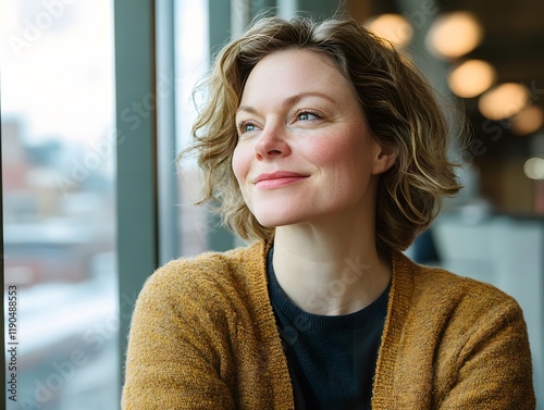 Woman Daydreaming by Window  Hopeful  Relaxed  Calm