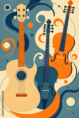 Abstract illustration of musical instruments including guitars and violins with swirling patterns on a blue background.