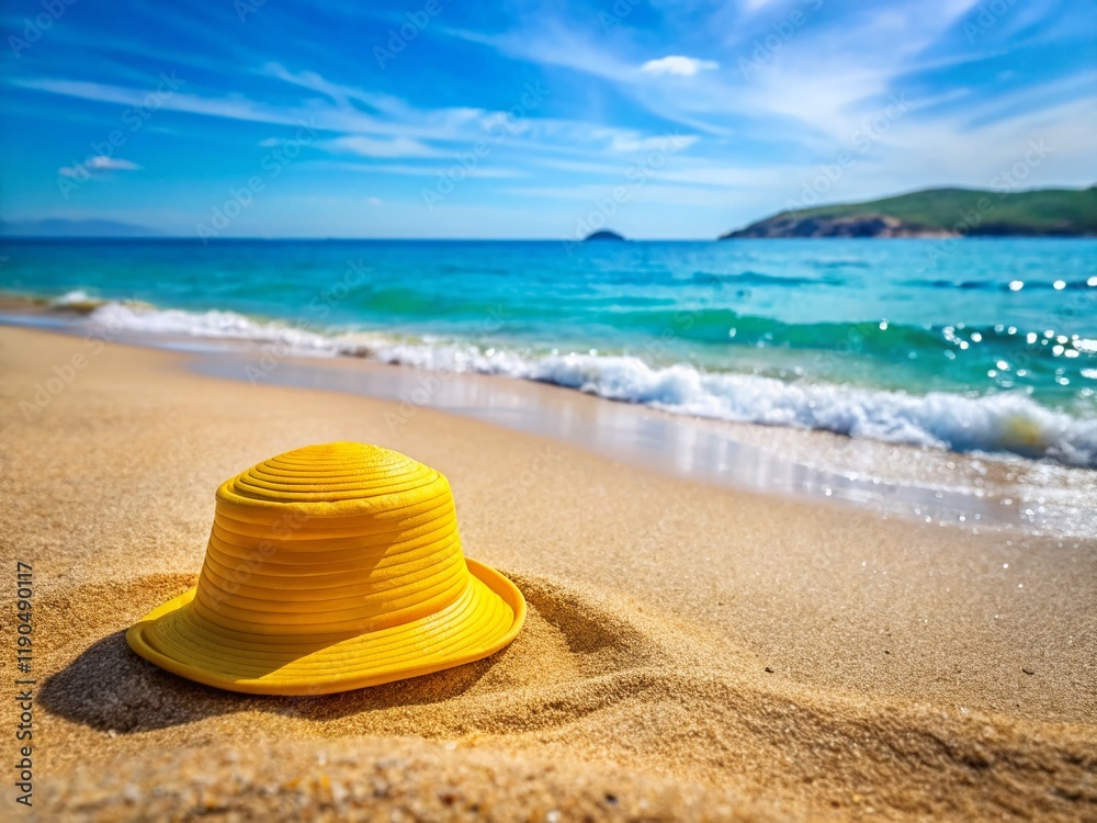Aerial View of Yellow Bucket Hat on Sunny Beach, Summer Fashion Accessory Aerial View of Yellow Bucket Hat on Sunny Beach, Summer Fashion Accessory