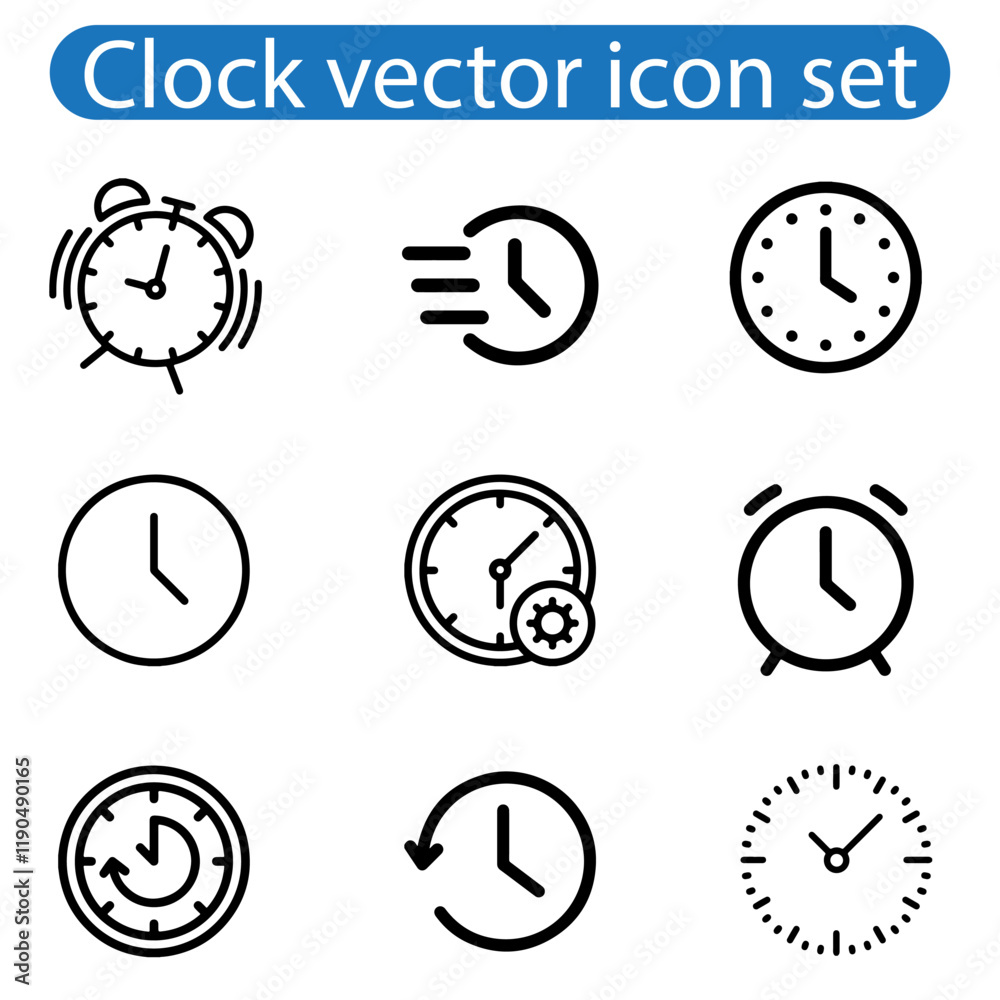 Time and clock icons set vector art illustration stopwatch, timer, , time management concept, fast stopwatch line icon, watch icon, black clock sign collection, speed clock symbol. Time and clock icons set vector art illustration stopwatch, timer, , time management concept, fast stopwatch line icon, watch icon, black clock sign collection, speed clock symbol.