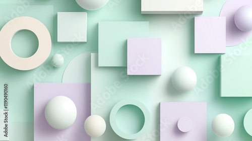 Abstract Geometric Composition Featuring Soft Pastel Shapes on a Mint Green Background