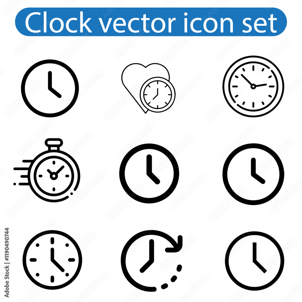 Time and clock icons set vector art illustration stopwatch, timer, , time management concept, fast stopwatch line icon, watch icon, black clock sign collection, speed clock symbol. Time and clock icons set vector art illustration stopwatch, timer, , time management concept, fast stopwatch line icon, watch icon, black clock sign collection, speed clock symbol.