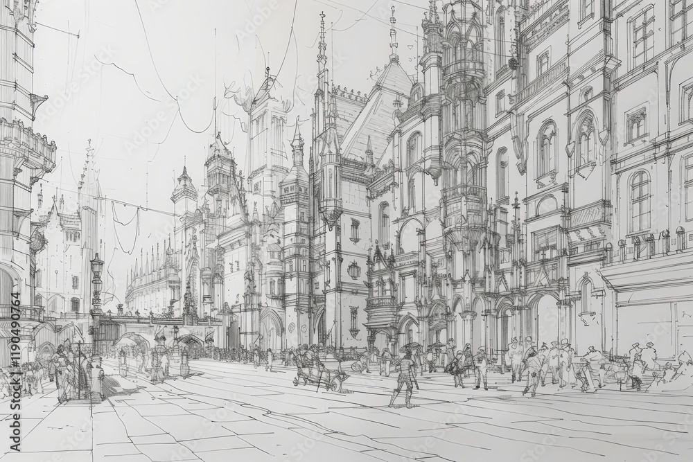 Fototapeta premium A detailed pen sketch of a bustling city square with grand ornate buildings, showcasing a lively scene, Sketch a bustling city square with grand, ornate buildings towering overhead