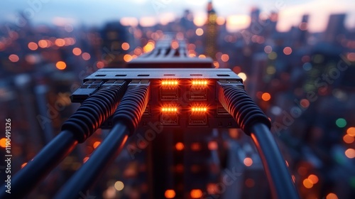 Fototapeta Naklejka Na Ścianę i Meble -  Illuminated network cables against city skyline.