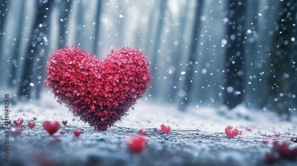 Fototapeta premium 3D rendering of a red heart made from small flowers on the ground in a forest with snow falling. Valentine's Day concept. Ai generated
