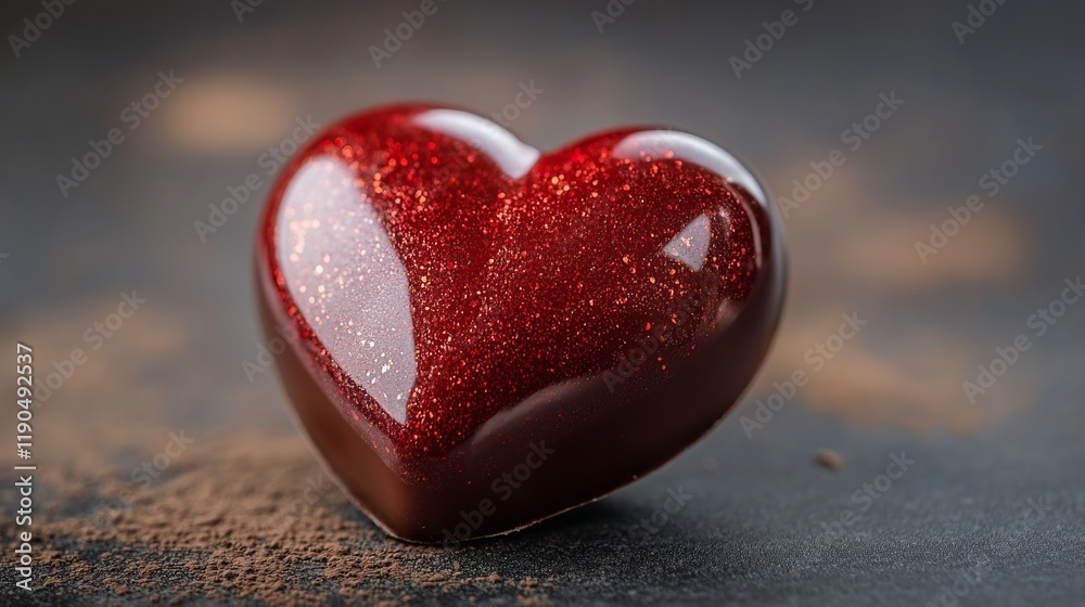 Fototapeta premium Shimmering red heart-shaped decoration reflecting light on a dark surface