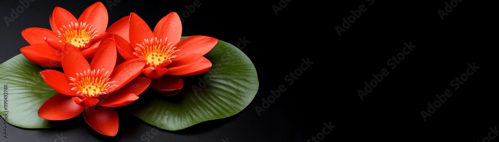 Red Water Lilies on Black: Three vibrant red water lilies, their petals unfurling to reveal a fiery heart, rest delicately on a dark green lily pad against a stark black background. Red Water Lilies on Black: Three vibrant red water lilies, their petals unfurling to reveal a fiery heart, rest delicately on a dark green lily pad against a stark black background.