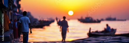 Golden Hour Coastal Walk - Silhouette figures stroll along a beach at sunset, boats on water, buildings in background, peaceful, serene. photo