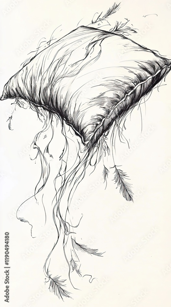Fototapeta premium Minimalist Black Line Drawing of a Pillow Surrounded by Soft Sketched Feathers