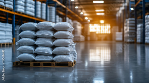 Organized stacks of cement bags on pallets in a modern warehouse, surrounded by industrial equipment and the faint outline of shelves in the background. photo