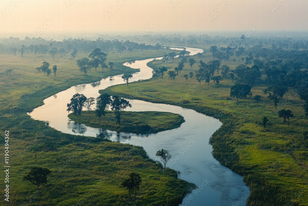 Fototapeta premium Aerial view winding river, misty dawn, savanna