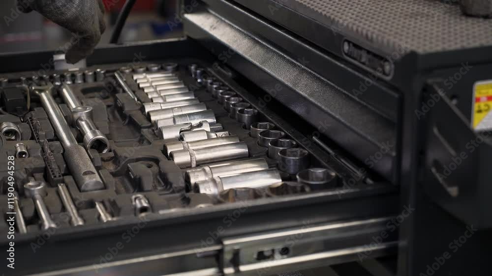 A close-up of a man choosing the right tools in a gray metal tool cabinet at a service station. A set of professional tools for car repair. Car service station. A close-up of a man choosing the right tools in a gray metal tool cabinet at a service station. A set of professional tools for car repair. Car service station.
