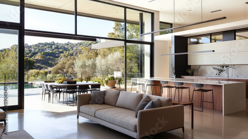 This photo showcases a beautifully designed modern minimalist home interior  featuring clean lines  sleek furniture  and a neutral color palette. Generative AI
