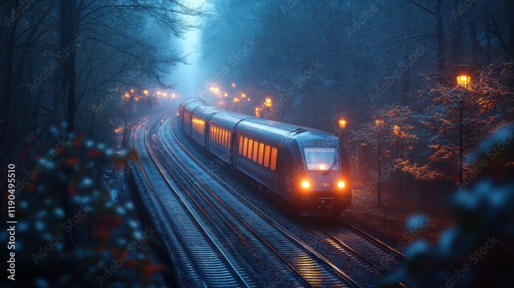 Fototapeta premium Train travels through foggy forest on a quiet evening, illuminated by warm lights and surrounded by nature's beauty
