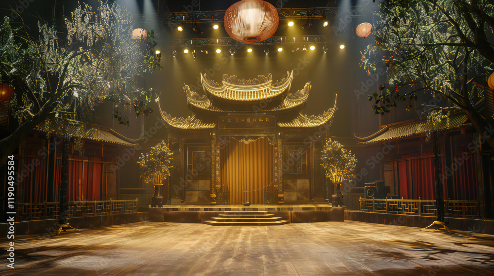 Fototapeta premium Atmospheric Chinese Stage Set with Traditional Architecture, Hanging Lanterns, and Lush Trees, Creating a Dramatic and Immersive Setting