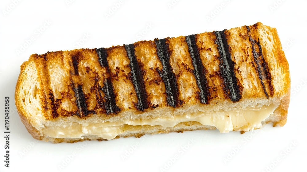 Delightfully Grilled Cheese Slice Showcasing Charred Lines on a Pristine White Backdrop Delightfully Grilled Cheese Slice Showcasing Charred Lines on a Pristine White Backdrop