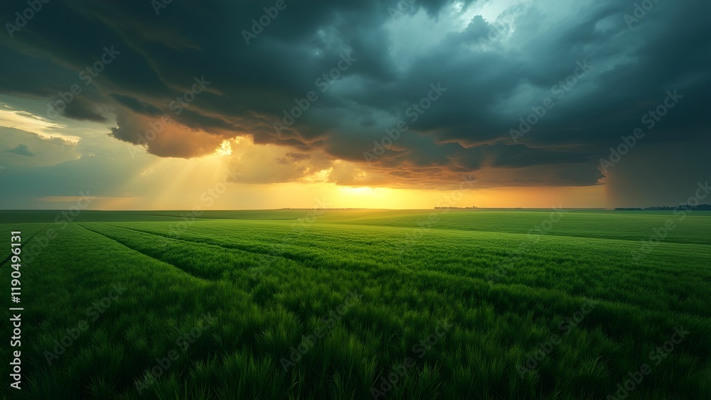 Dramatic sunset over green field with storm clouds and rain showers Dramatic sunset over green field with storm clouds and rain showers
