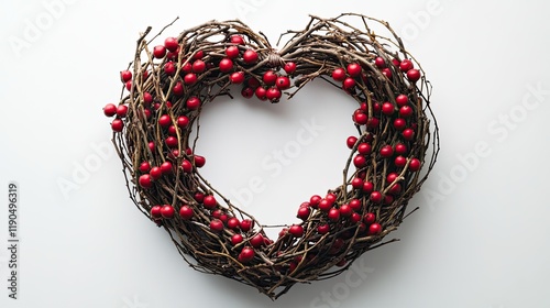 A decorative Valentinea??s wreath made of intertwined twigs and red berries photo