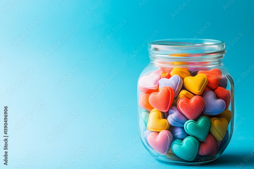 Vibrant heart shaped confectionery displayed in a jar against a bright blue backdrop Vibrant heart shaped confectionery displayed in a jar against a bright blue backdrop