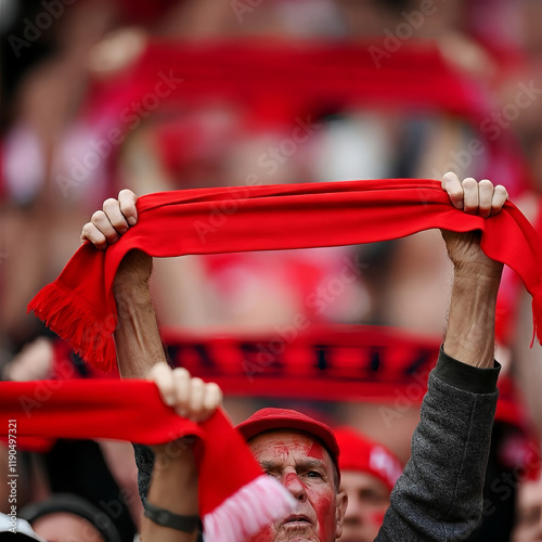 The hands of football supporters raise a plain red scarf to the sky in the stadium stands
