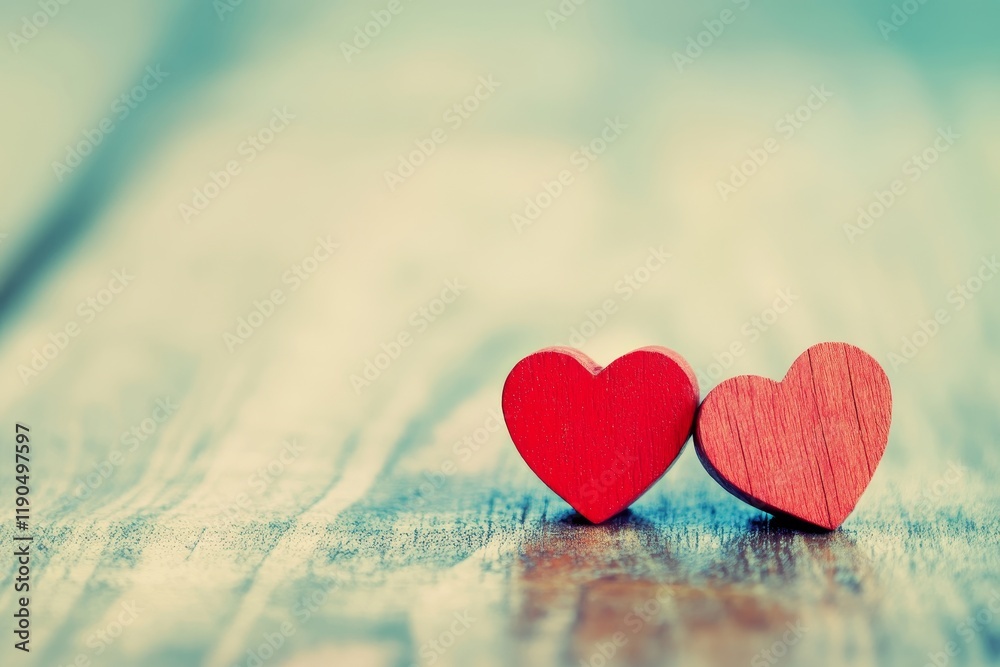 Fototapeta premium Two rustic wooden hearts elegantly placed on a natural wooden surface for a charming decor touch