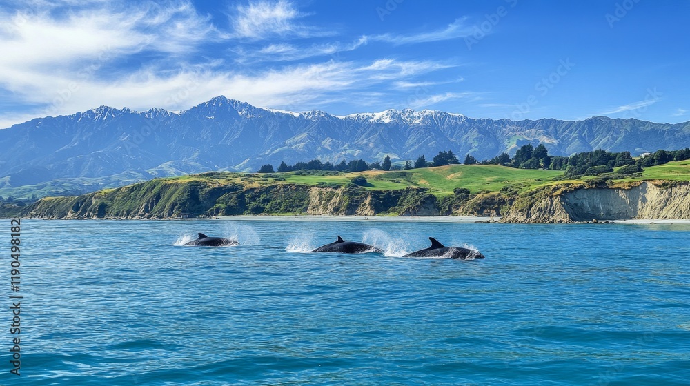 Fototapeta premium Majestic Dolphins in a Pristine Coastal Landscape