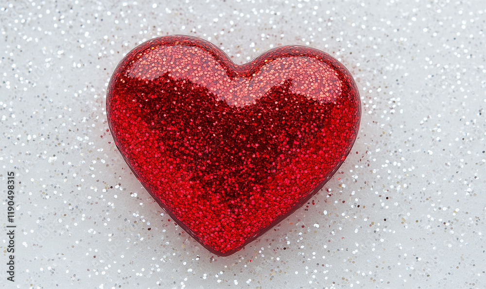 Fototapeta premium Glittery 3D red heart isolated. White background. Copy space for text. Banner.