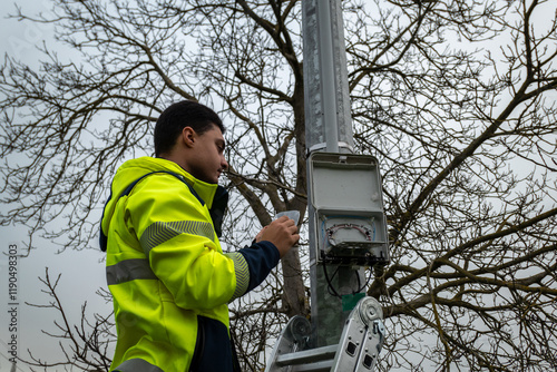 Técnico de telecomunicações em cima de uma escada a realizar uma intervenção numa caixa de fibra ótica para resolver uma avaria que afetou o acesso à rede de clientes, sob um céu nublado photo