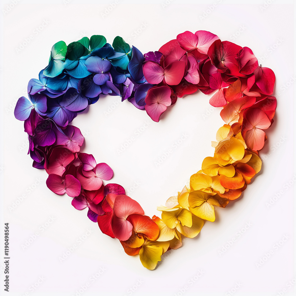 custom made wallpaper toronto digitalLGBT logo on Valentine's Day made with rose petals of the colors of the LGBT flag forming the shape of a heart. Concept of love, Valentine's Day. Gay pride. Copy space for banner. White background.