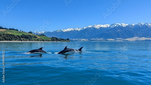 Majestic Dolphins in a Stunning New Zealand Landscape photo