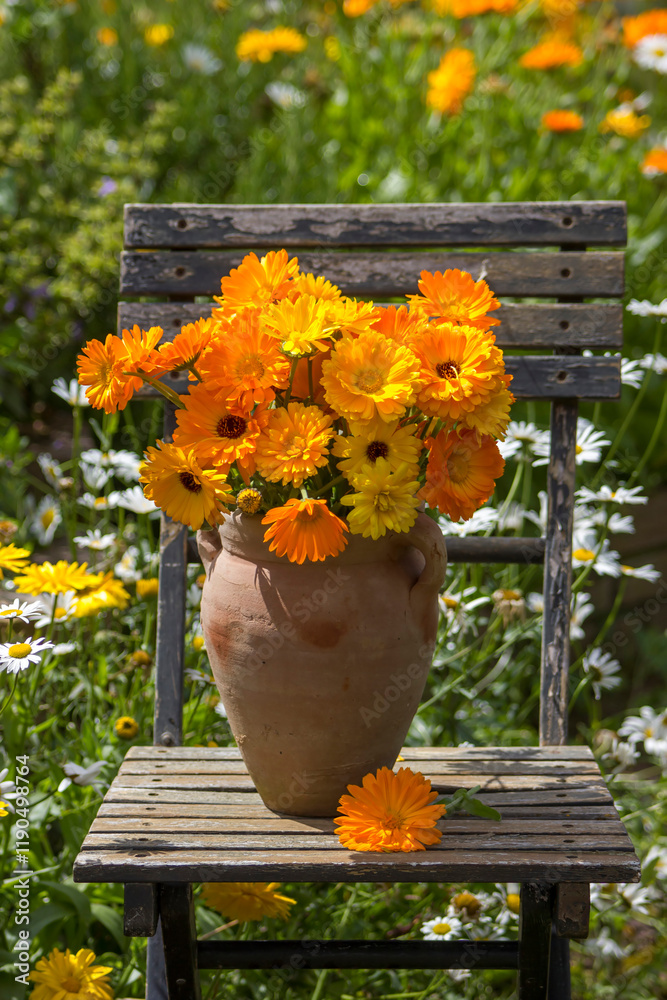 Beautiful fresh summer flowers in a vase on chair