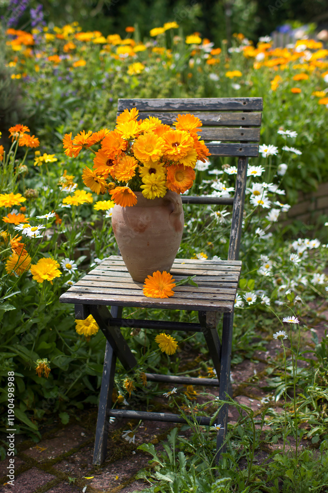 Beautiful fresh summer flowers in a vase on chair