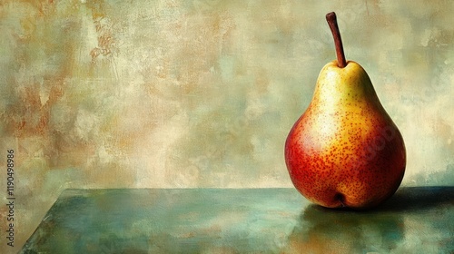A ripe pear with a soft golden glow on a muted green background for an elegant feel