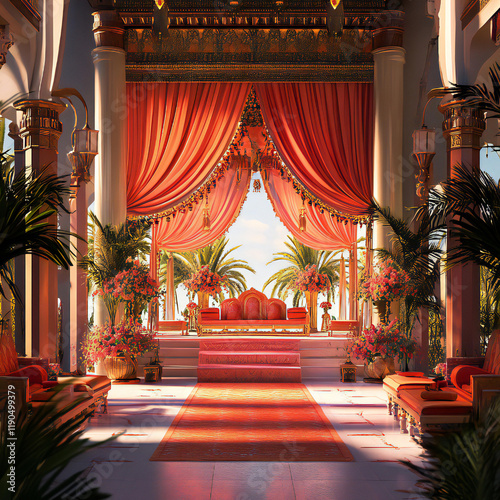 Elegant Outdoor Wedding Setting with a Decorated Mandap, Flowing Drapes, Floral Arrangements, and Seating for Guests Underneath Palm Trees