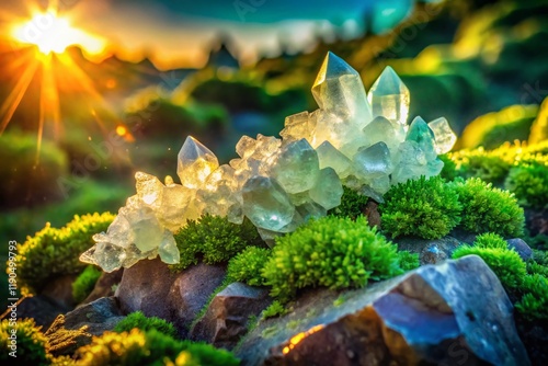 Apophyllite and Stilbite Zeolite Crystals Cluster in Landscape Setting - Stunning Mineral Specimen Photography photo