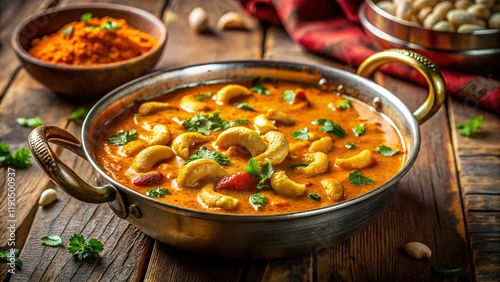 Fototapeta Naklejka Na Ścianę i Meble -  Aromatic Indian Cashew Curry, Low Light Photography, Warm Spices, Delicious Vegan Dish