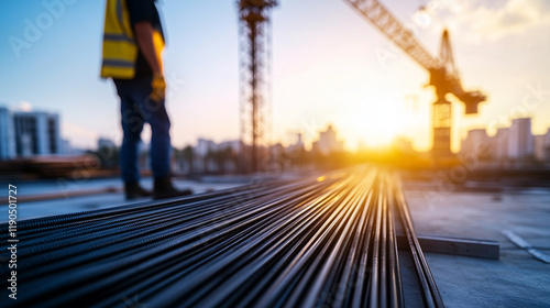 Bundles of rust-resistant steel rebar glinting under bright sunlight, carefully positioned on a construction site, with a towering crane blurred against the horizon.