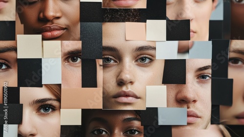 Close-up of a diverse group of people's faces, each with a thoughtful expression, symbolizing consumer survey insights.