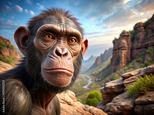 Australopithecus Afarensis:  Early Hominid Exploring Rocky Terrain - High-Resolution Stock Photo photo