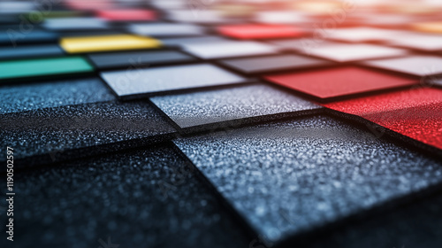 High-quality, close-up shot of roofing shingles with an assortment of colors, beautifully displayed on a polished, reflective surface, reflecting light and showcasing premium mater photo