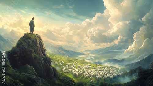 A shepherd standing on top of the hill, overlooking his flock of sheep in the valley below. In the background are majestic mountains with clouds and sun rays shining through them. Ai generated