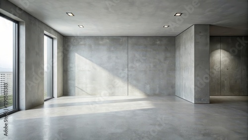 Minimalist room with gray wall and concrete floor, simple aesthetic
