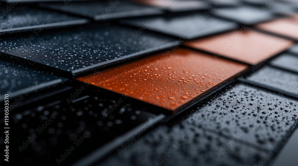 Professional-grade shot of roofing shingles in various shades, displayed on a glossy reflective surface, showcasing their texture and quality for expert roofing services. Professional-grade shot of roofing shingles in various shades, displayed on a glossy reflective surface, showcasing their texture and quality for expert roofing services.