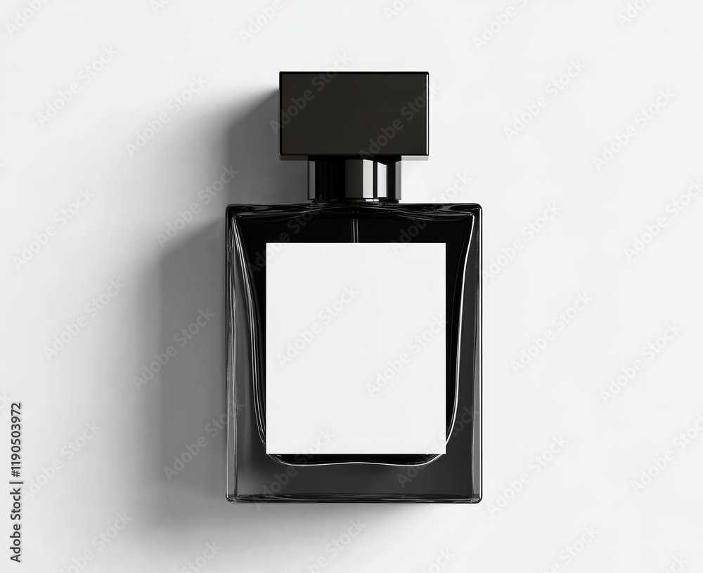 Black square perfume bottle with white label mockup Black square perfume bottle with white label mockup