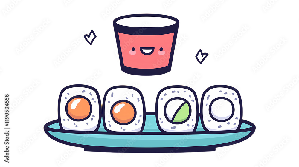 Colorful Cartoon Sushi Roll Plate with Smiling Soy Sauce Cup Colorful Cartoon Sushi Roll Plate with Smiling Soy Sauce Cup