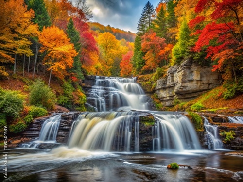 Autumn Waterfall: Golden Leaves and Cascading Water - Stock Photo
