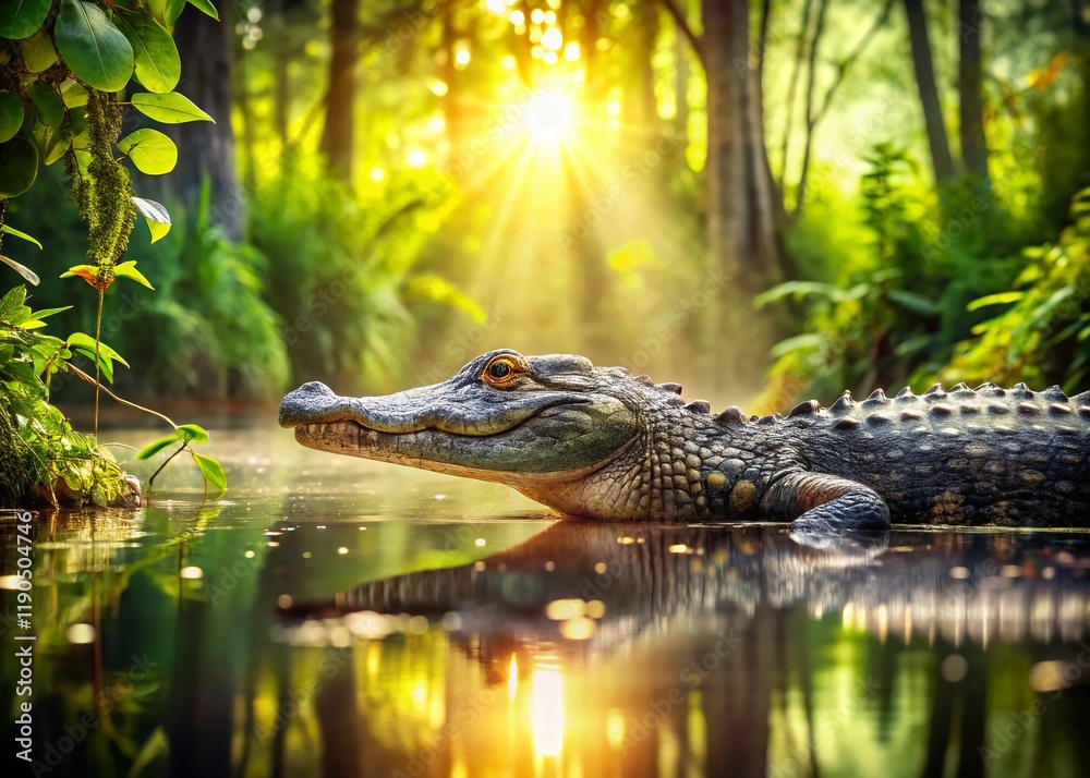 Fototapeta premium Alligator Basking in Swamp, Bokeh Sunlit Wildlife Photo