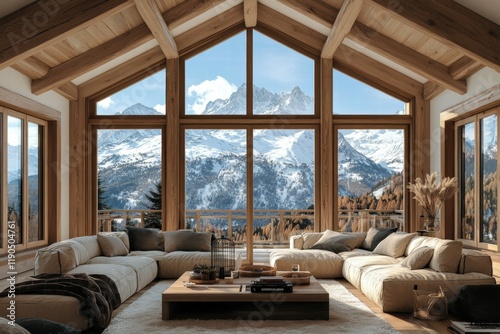 Mountain view luxury chalet living room interior