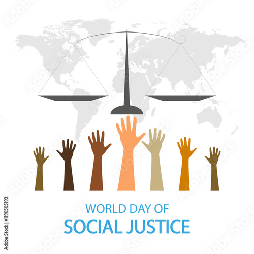 Social justice world day scales and hands, vector art illustration.