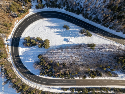 Aerial drone view of the Fernpass, which is a mountain road in the Austrian Alps. photo